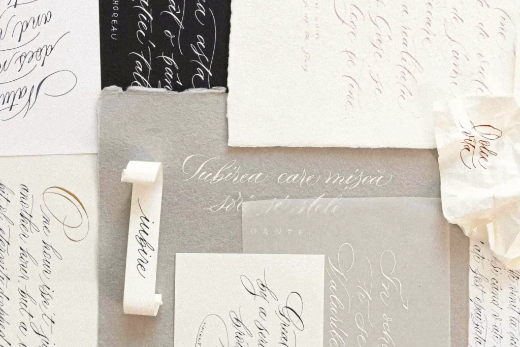 Colaj cu diverse tipuri de hârtie artizanală, carton gri și calc caligrafiate cu tuș alb și negru