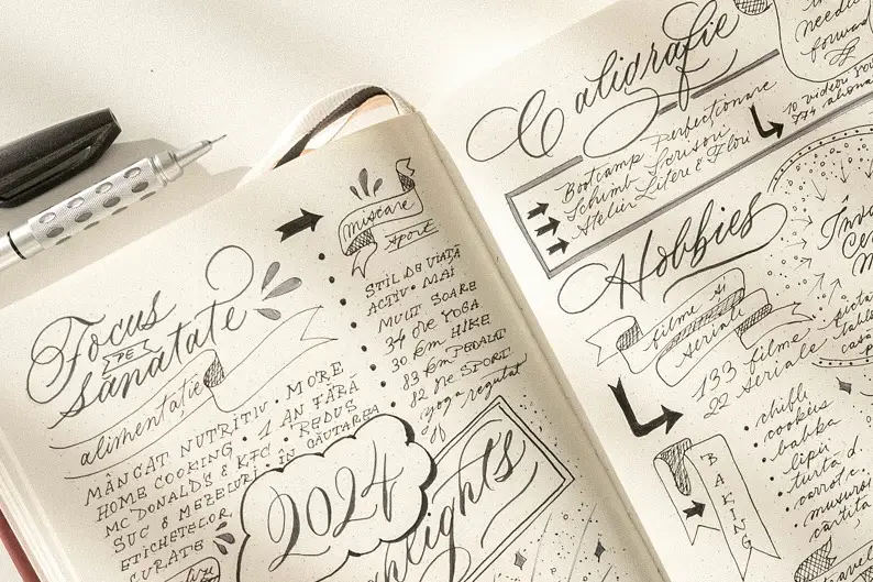 Layout de bullet journal cu caligrafie