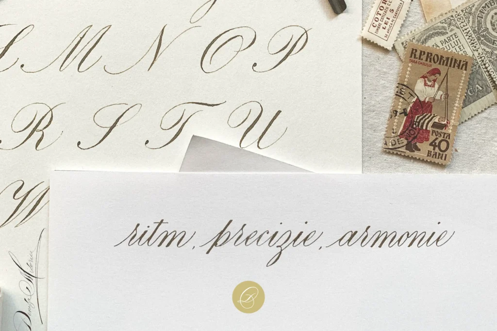 Text caligrafiat ritm, precizie, armonie alături de un alfabet exersat de mână și timbre poștale românești vintage