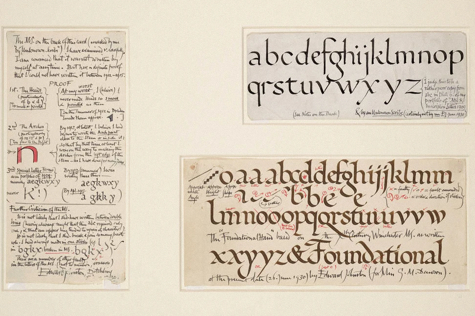 Specimen caligrafic cu alfabetul Foundational Hand creat de Edward Johnston în 1930 din colecția VADS Crafts Study Centre