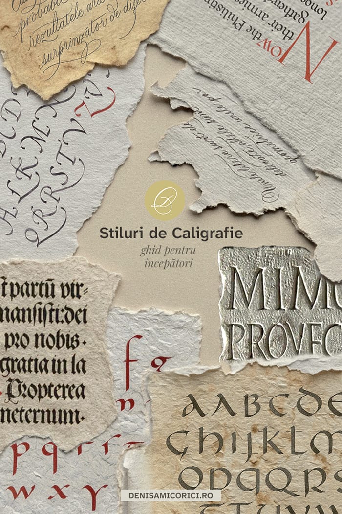 Colaj de hârtie artizanală cu exemple de scriere Gotică, Uncială și Cursivă cu textul Stiluri de Caligrafie ghid pentru începători
