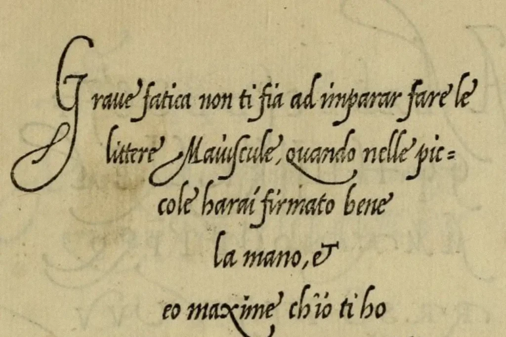 Fragment din manualul de caligrafie La Operina de Ludovico Vicentino degli Arrighi din 1522 scris în stil Cancelleresca