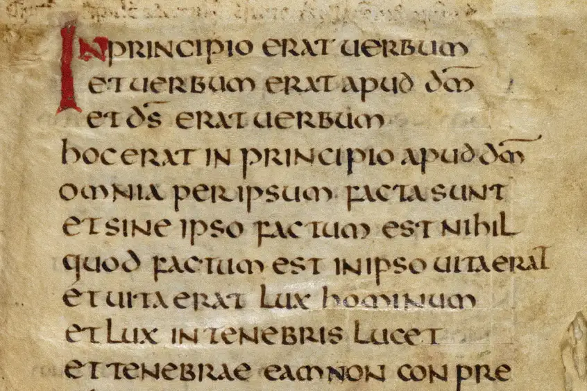 Fragment manuscris în limba latină din Evanghelia Sfântului Cuthbert scris în stil caligrafic Uncial
