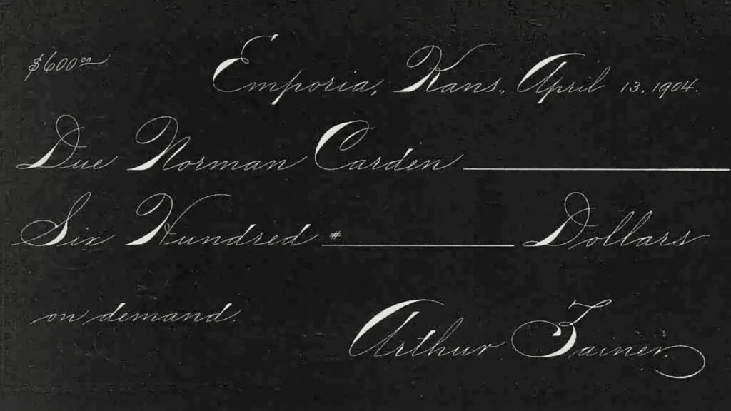 Fragment caligrafiat în stil Spencerian din colecția C.C. Canan Collection of Penmanship cu scris alb pe fundal negru